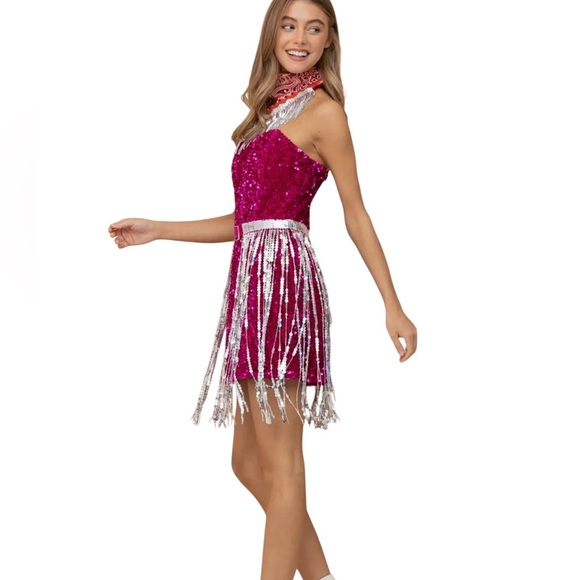 NEW blue b Magenta Velvet Allover Sequin Silver Fringe Bodycon Belted Mini Dress - Picture 5 of 5